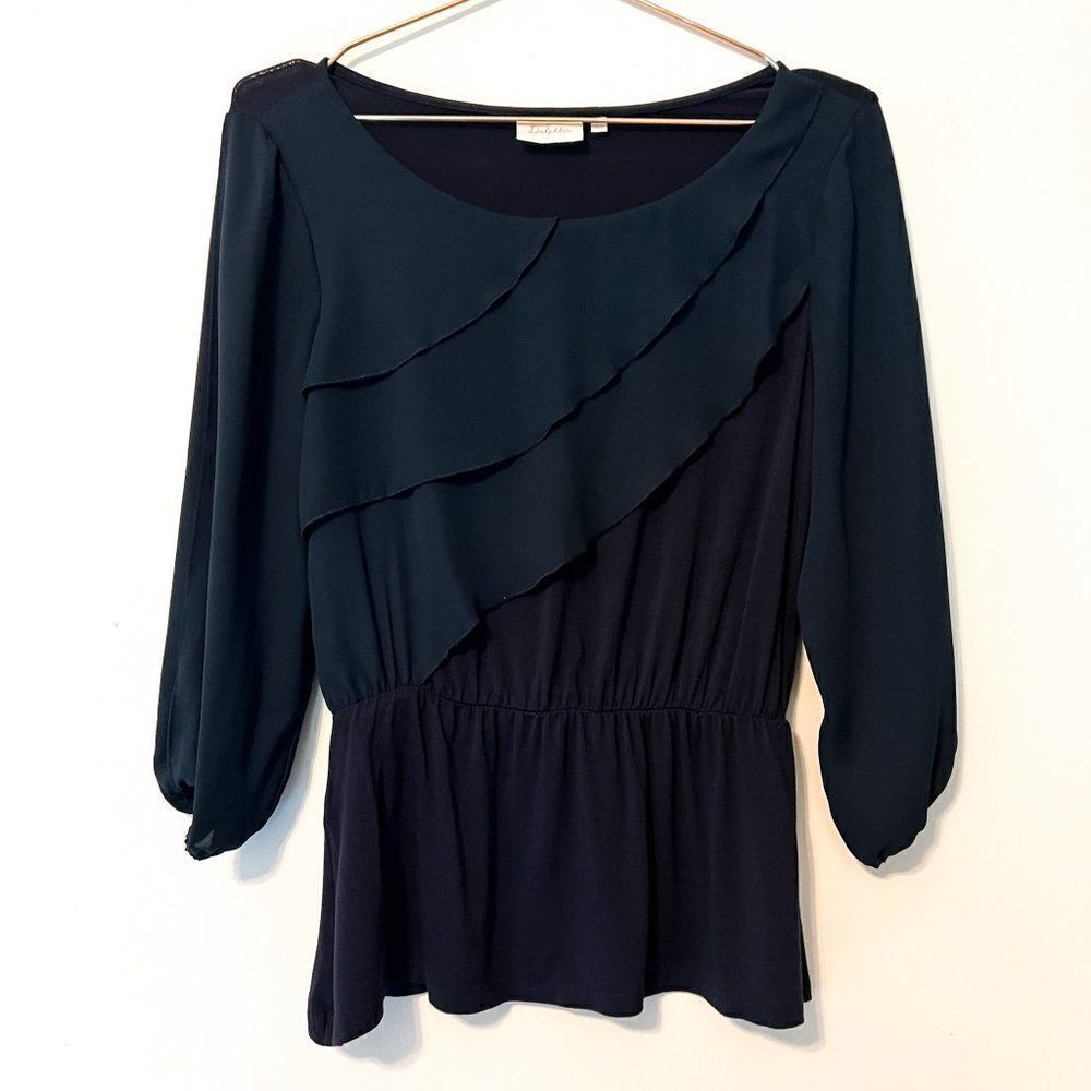 Anthropologie Deletta Dark Gray Ruffle Peplum Quarter Sleeve Top XS